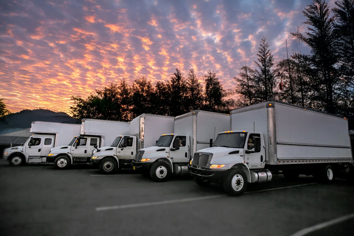 Moving trucks parked at sunset, ready for local and long-distance moves in Tanasbourne. Expert movin.